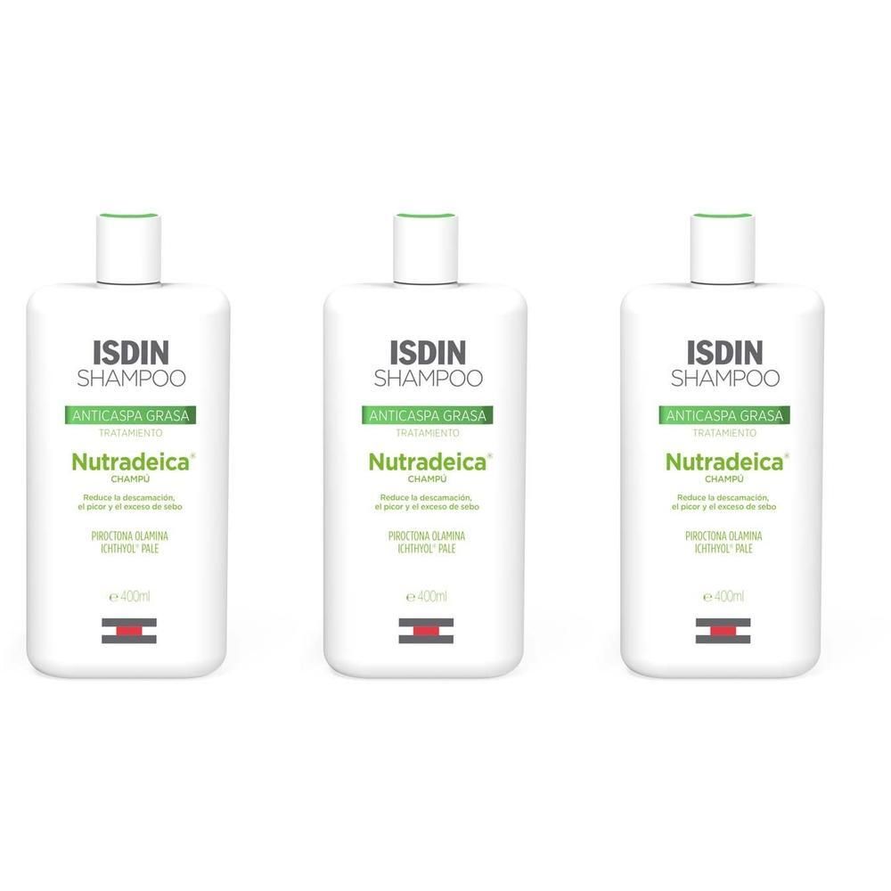 Drei weiße Flaschen ISDIN Nutradeica Anti-Schuppen-Shampoo mit grünem Verschluss.