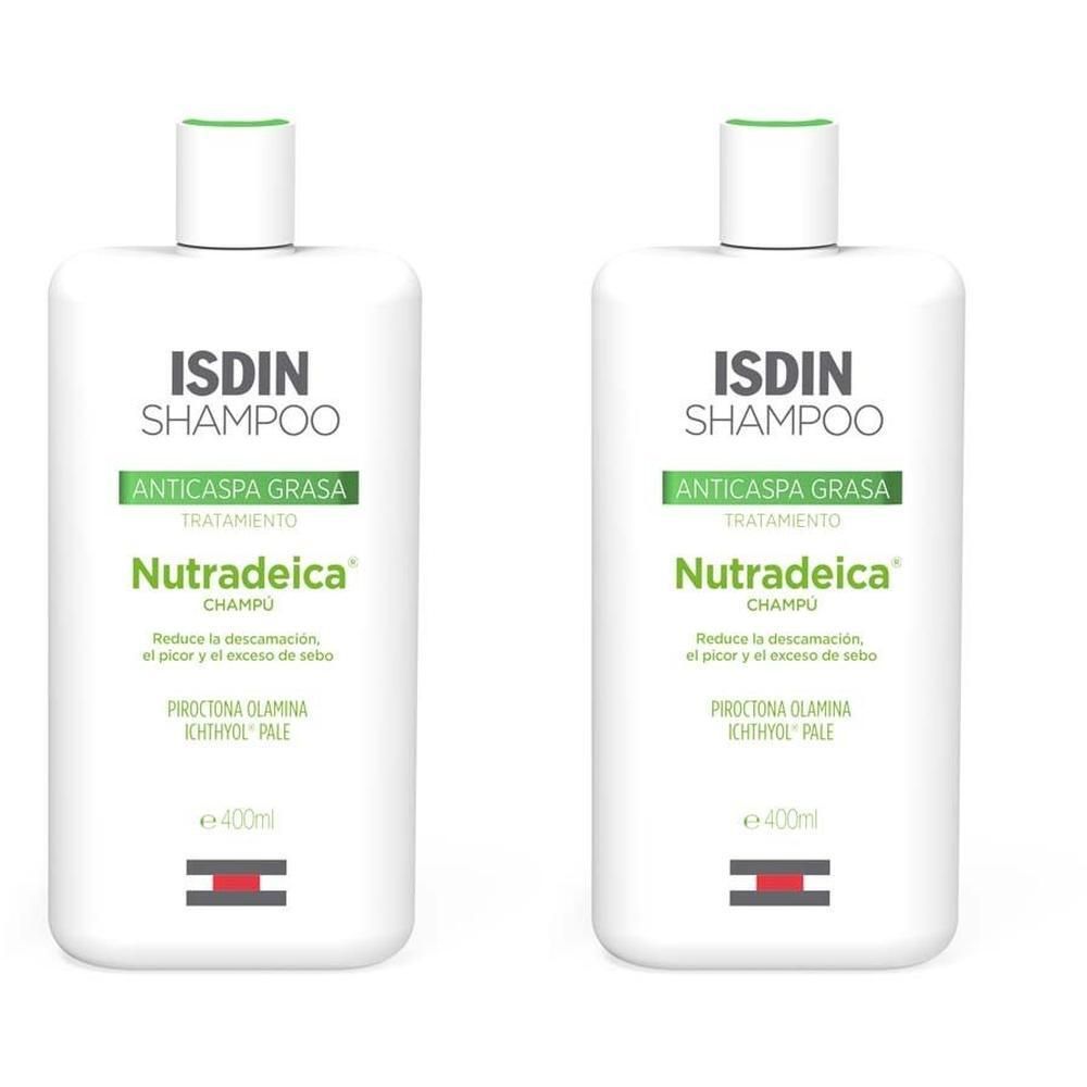 Zwei weiße Flaschen ISDIN Nutradeica Schuppen Shampoo mit grünem und weißem Etikett.