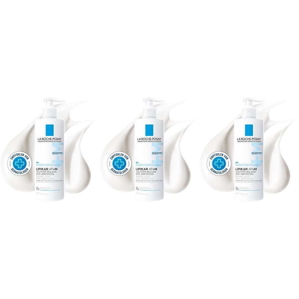 Drei Pumpflaschen La Roche Posay Lipikar Balsam AP+M mit weißer Creme-Textur.
