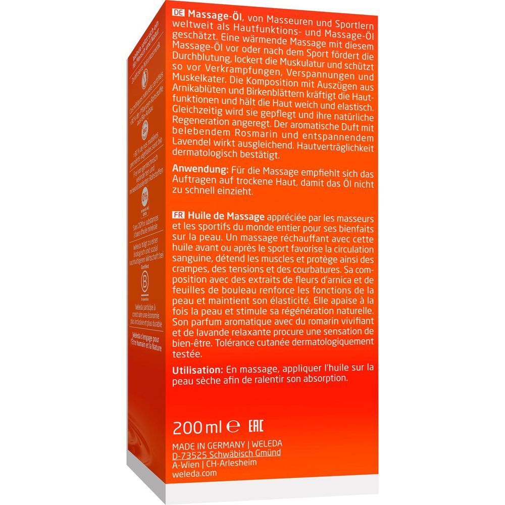 Rückseite einer Weleda Arnika Massageöl-Flasche mit Produktinformationen.