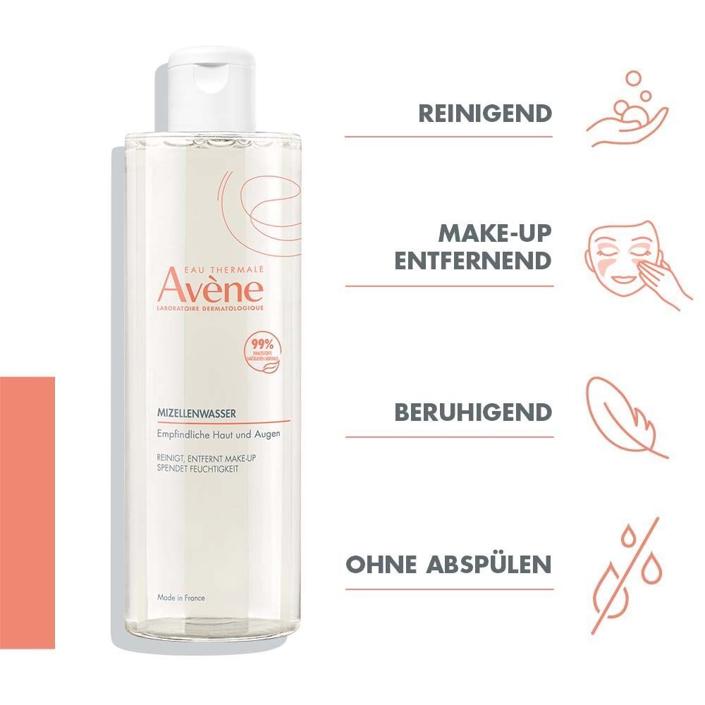Avène Mizellenwasser mit Icons: Reinigend, Make-up entfernend, Beruhigend, Ohne Abspülen.