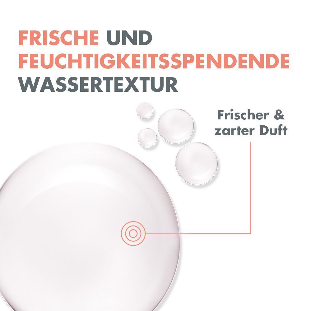 Wassertropfen und Textur-Nahaufnahme von Avène Mizellenwasser, frischer Duft.