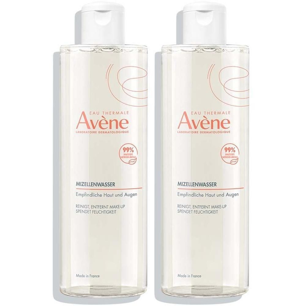 Zwei Flaschen Avène Mizellenwasser mit weißem Verschluss und Etikett.