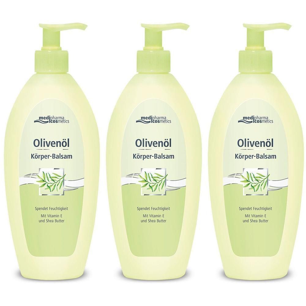 Drei hellgrüne Pumpflaschen medipharma cosmetics Olivenöl Körper-Balsam.