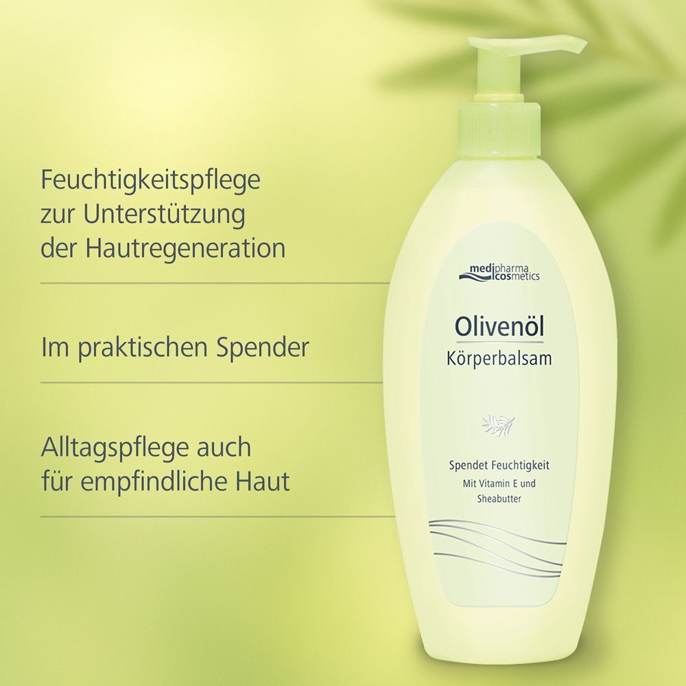 Eine hellgrüne Pumpflasche medipharma cosmetics Olivenöl Körper-Balsam mit Text.