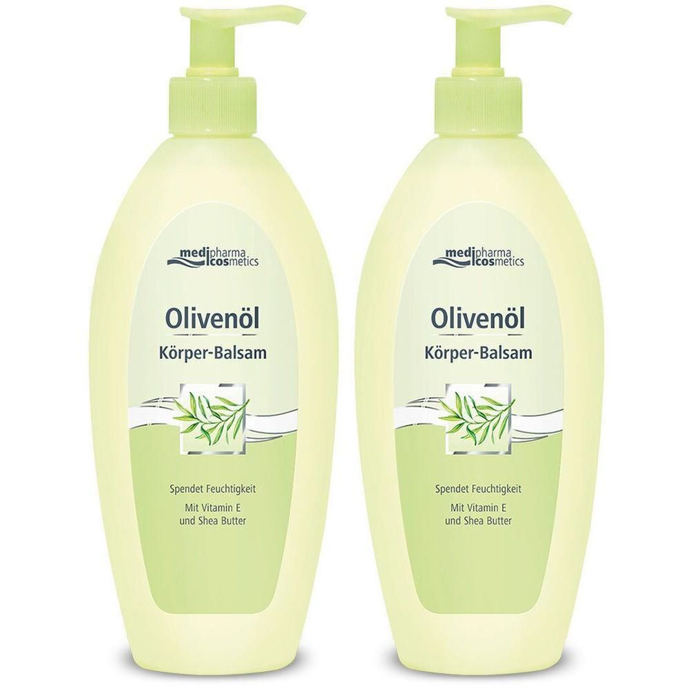Zwei hellgrüne Pumpflaschen medipharma cosmetics Olivenöl Körper-Balsam.