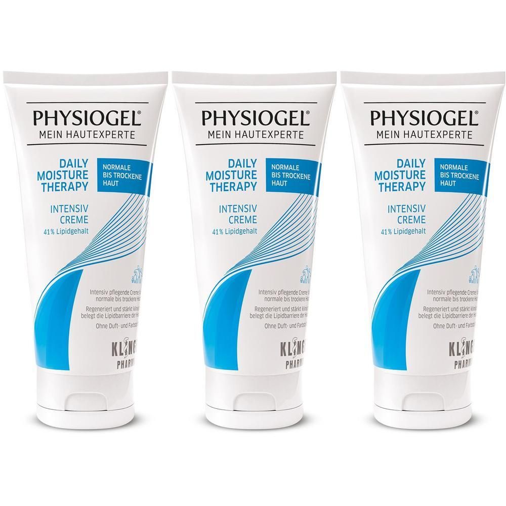 Drei weiße Tuben mit PHYSIogel Intensiv Creme, blaue Wellenmusterung.