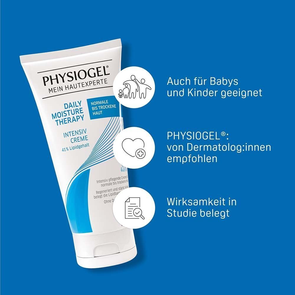 Eine Tube PHYSIogel Intensiv Creme mit Symbolen für Babys, Dermatologenempfehlung, Studien.