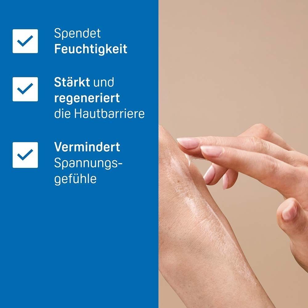 Hände tragen eine weiße Creme auf die Haut auf. Text hebt Feuchtigkeit, Regeneration und Spannungsgefühl hervor.