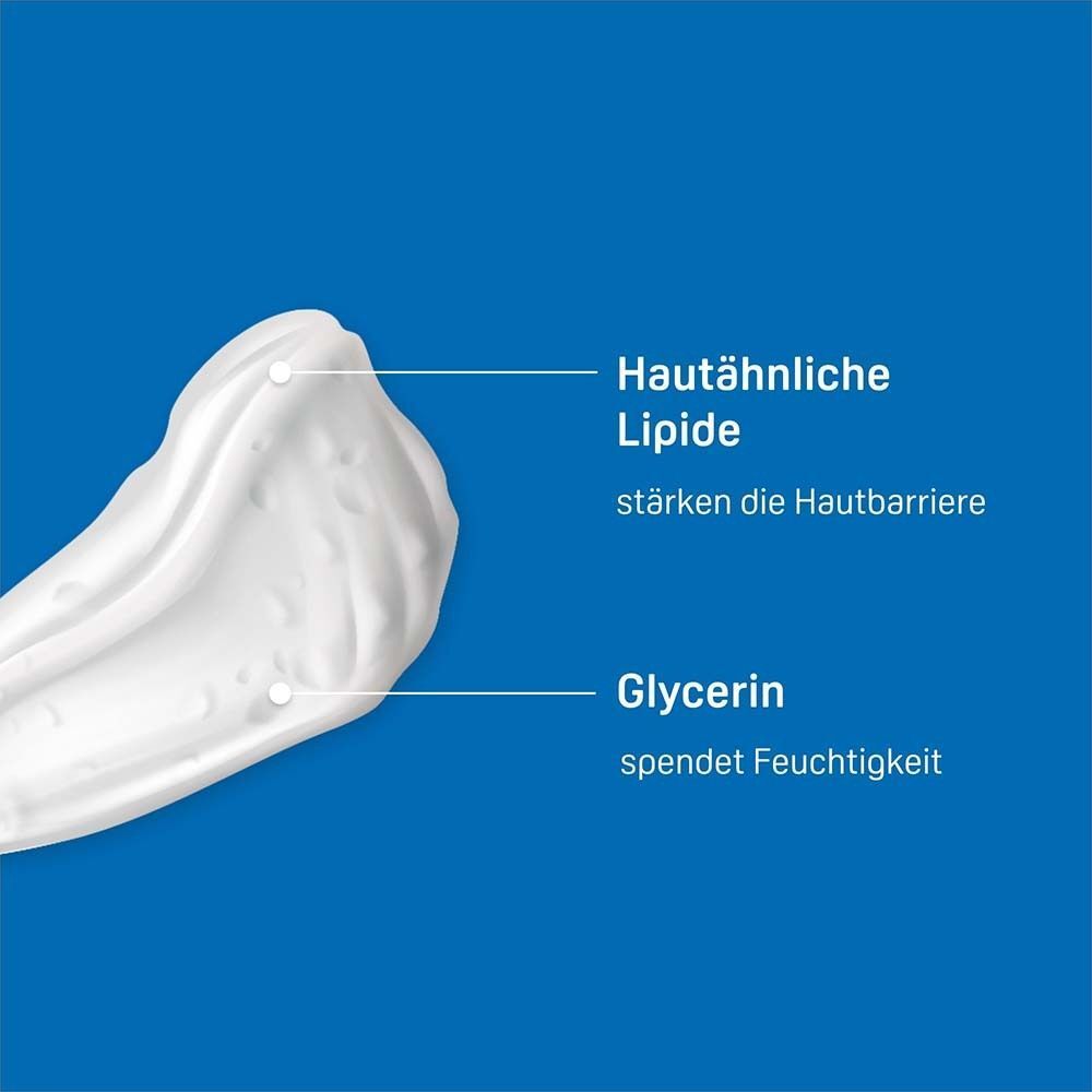 Weiße Creme mit Linien, die hautähnliche Lipide und Glycerin als feuchtigkeitsspendend kennzeichnen.