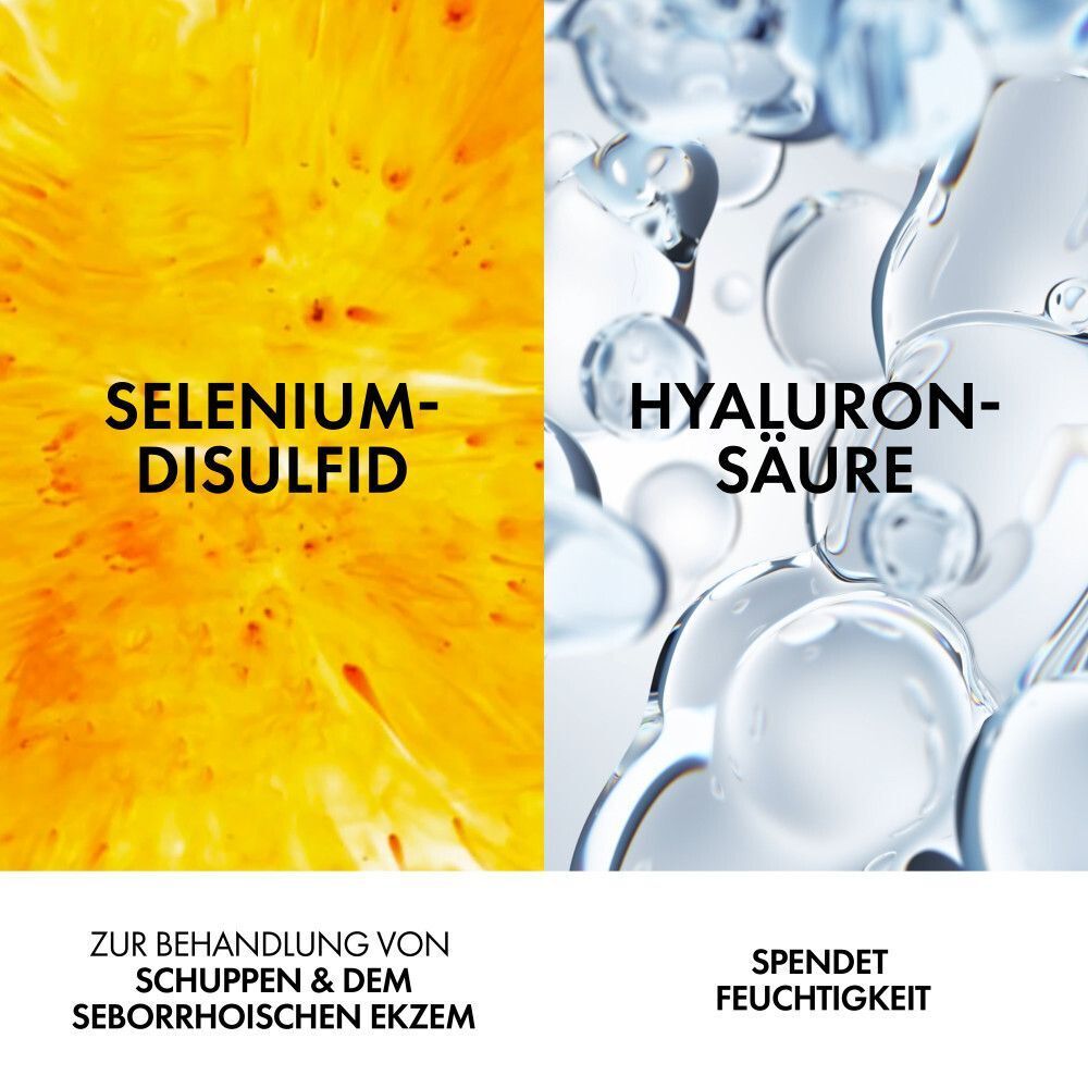 Gegenüberstellung von Selen-Disulfid und Hyaluronsäure. Links: 'Zur Behandlung von Schuppen & dem seborrhoischen Ekzem'. Rechts: 'Spendet Feuchtigkeit'.