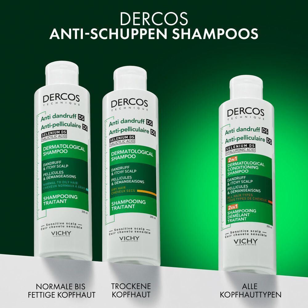 Drei Flaschen Vichy Dercos Anti-Schuppen Shampoos nebeneinander, beschriftet für normale/fettige, trockene und alle Kopfhauttypen.