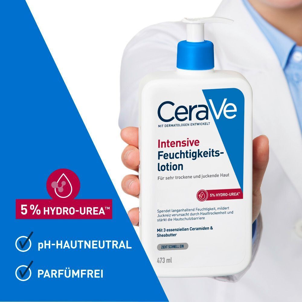 Eine Hand hält eine Flasche CeraVe Intensive Feuchtigkeitslotion. Links sind "5% Hydro-Urea", "pH-hautneutral" und "Parfümfrei" aufgeführt.