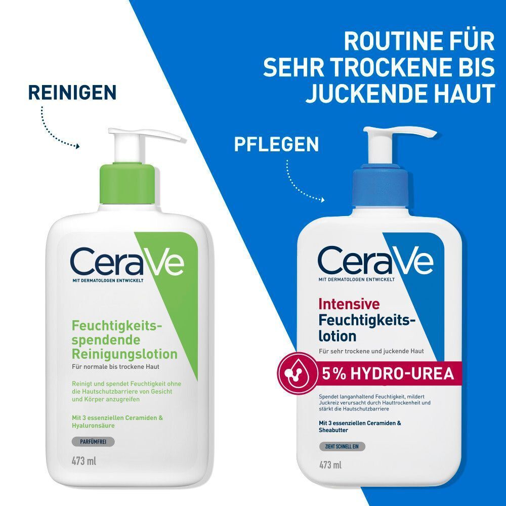 Vergleich von zwei CeraVe-Flaschen: Reinigungslotion (grüner Spender) und Intensive Feuchtigkeitslotion (blauer Spender).