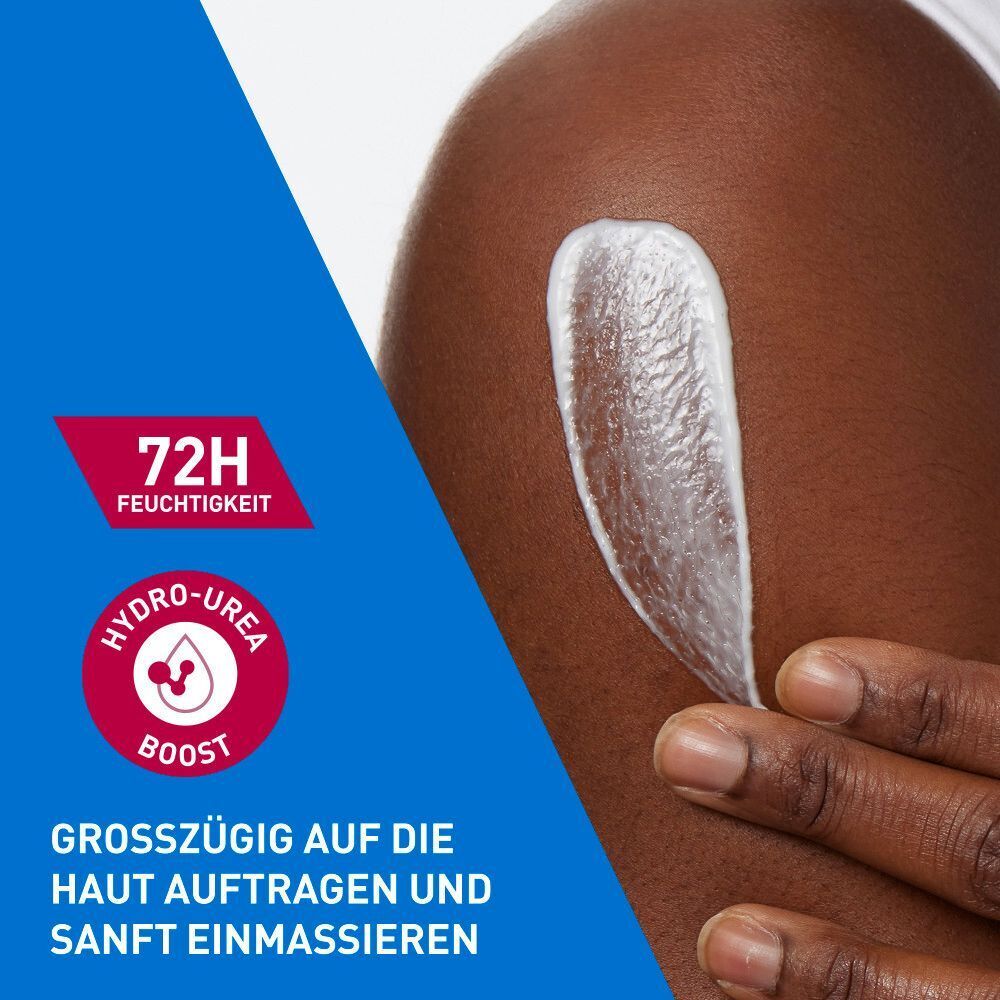 Eine Hand trägt eine weiße Lotion auf dunkle Haut auf. "72H Feuchtigkeit" und "Hydro-Urea Boost" sind sichtbar.
