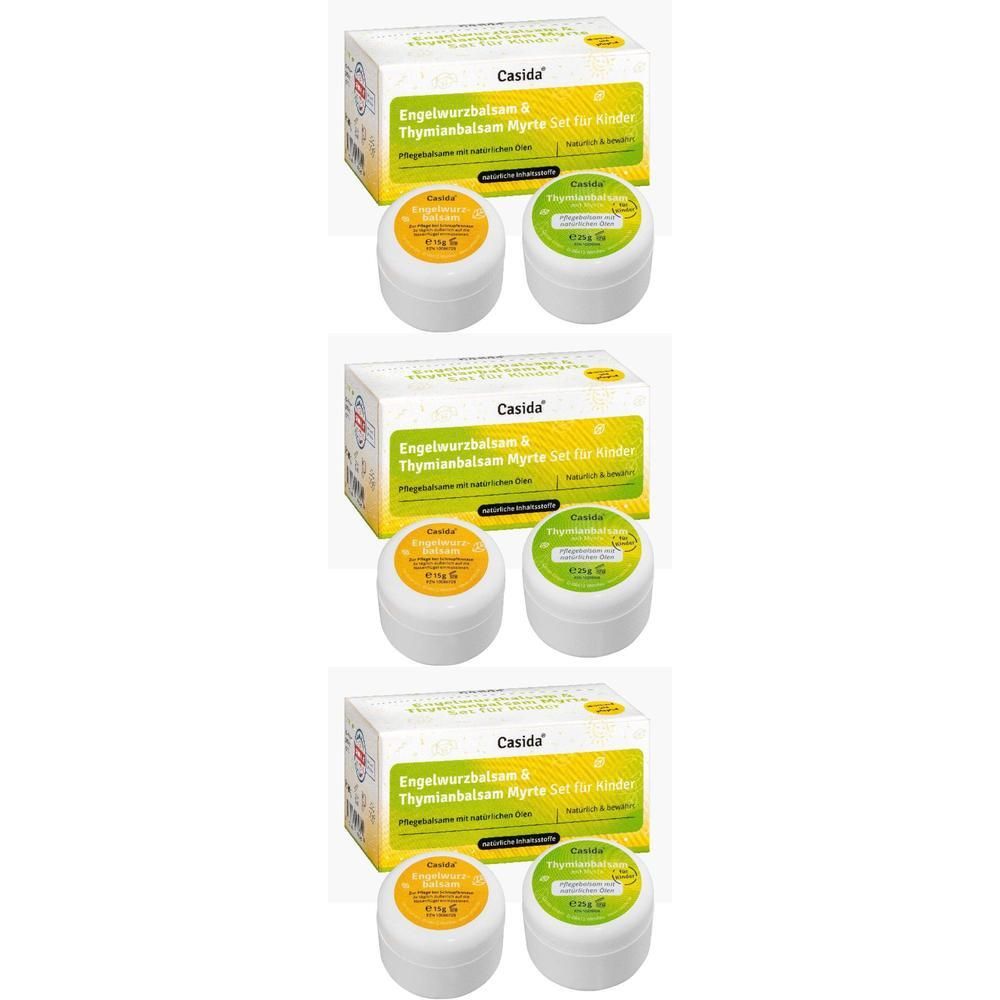 Drei Packungen Casida Engelwurzbalsam & Thymianbalsam mit Myrte Kinderset, jeweils mit zwei Balsamtiegeln.