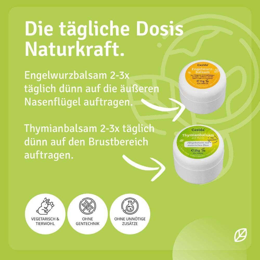 Casida Engelwurzbalsam und Thymianbalsam mit Myrte für Kinder: Anwendungshinweise und Siegel.