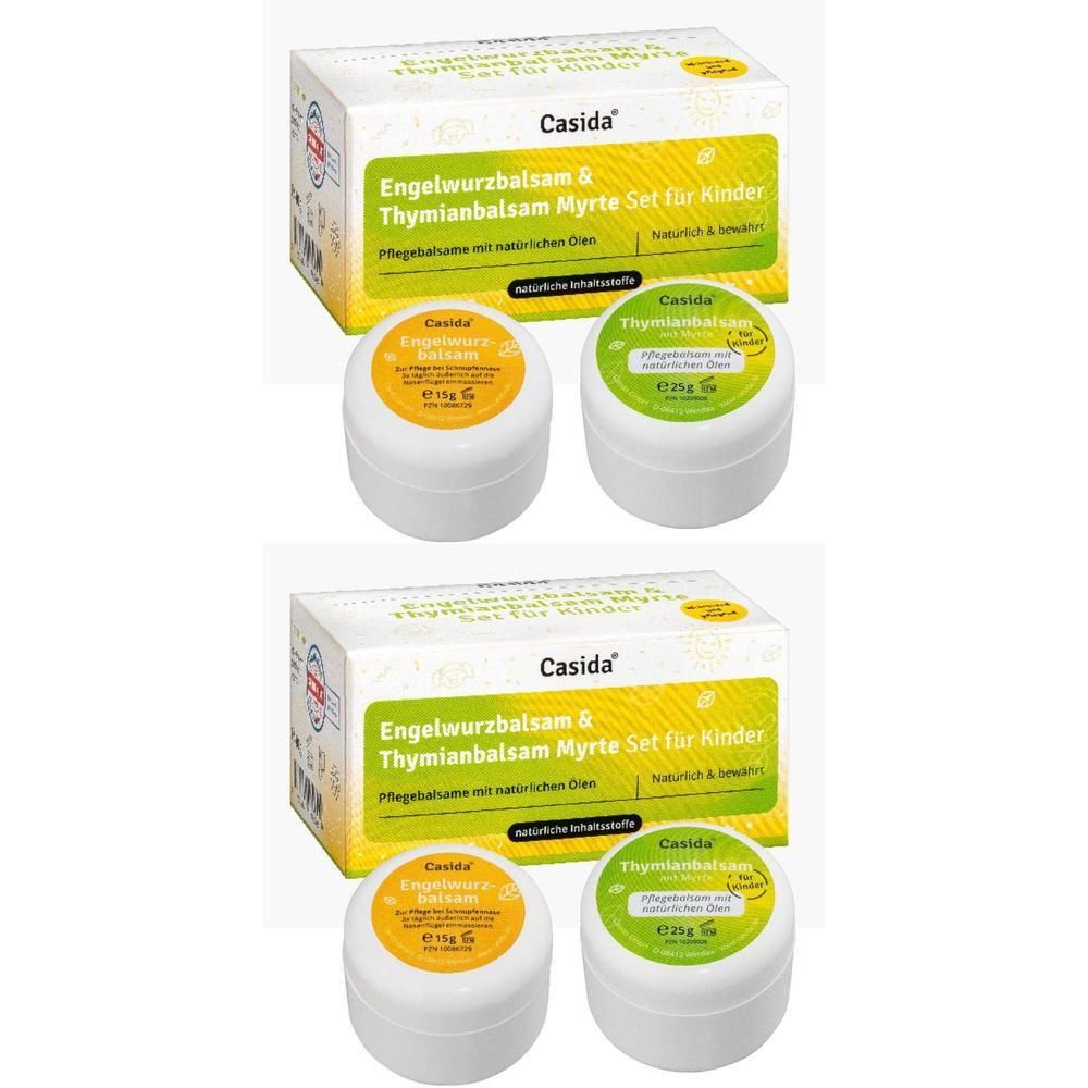 Zwei Sets Casida Engelwurzbalsam & Thymianbalsam mit Myrte für Kinder, jeweils mit zwei Balsamtiegeln.