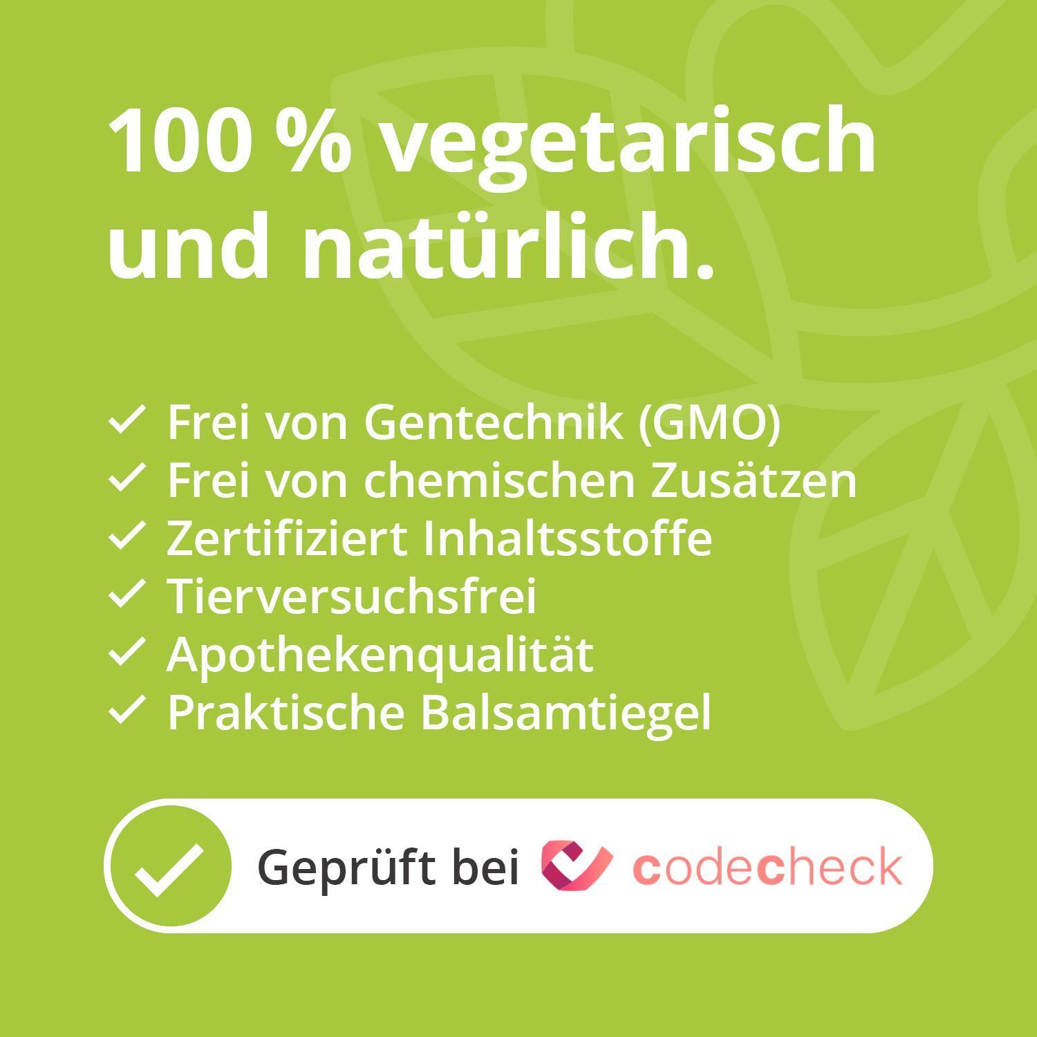 Casida Balsame sind 100% vegetarisch und natürlich. Siegel für Gentechnikfrei, Tierwohl und ohne Zusätze.