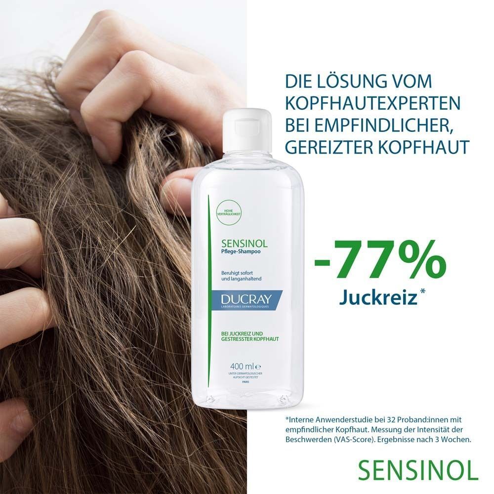 Ducray Sensinol Pflegeshampoo zur Linderung von Juckreiz bei gereizter Kopfhaut.