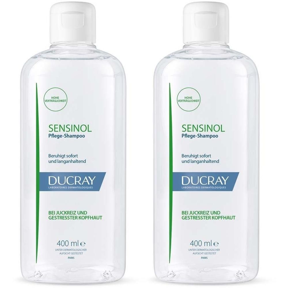 Zwei Flaschen Ducray Sensinol Pflegeshampoo, je 400 ml, für juckende Kopfhaut.