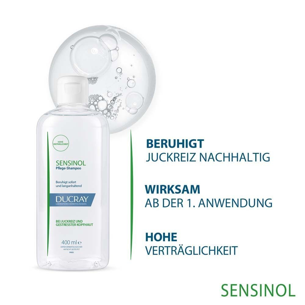 Ducray Sensinol Shampoo mit Schaumblase. Beruhigt Juckreiz nachhaltig, hohe Verträglichkeit.