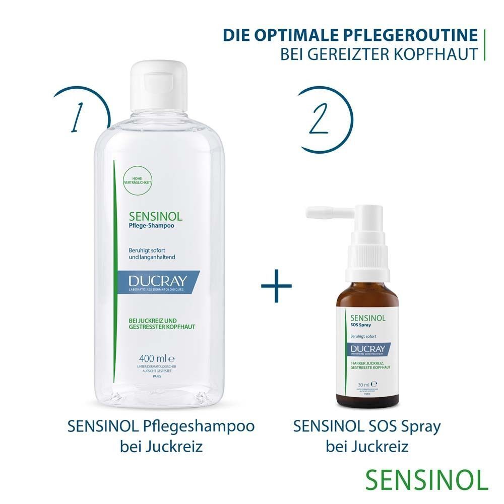 Pflegesystem: Ducray Sensinol Shampoo und SOS Spray für gereizte Kopfhaut.