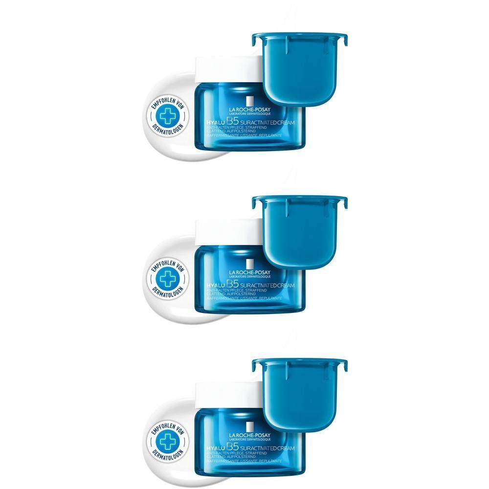 Drei La Roche Posay Hyalu B5 Tiegel mit blauen Nachfüllkappen.
