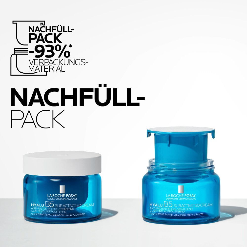 La Roche Posay Hyalu B5 Tiegel und Nachfüllpackung. "Nachfüll-Pack" hervorgehoben.