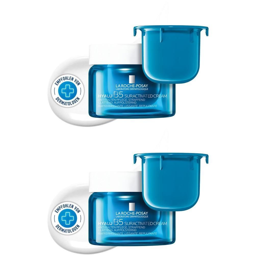 Zwei La Roche Posay Hyalu B5 Tiegel mit blauen Nachfüllkappen.