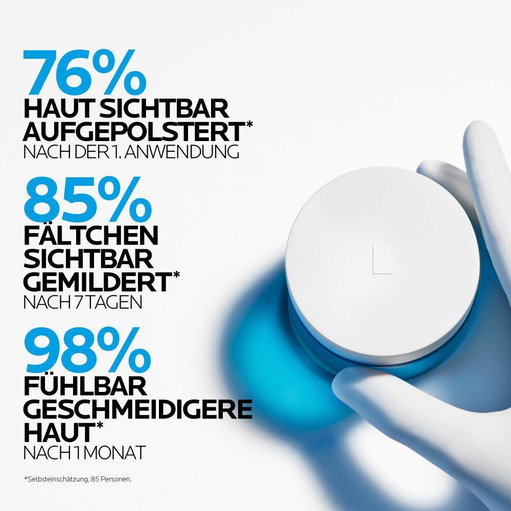 La Roche Posay Hyalu B5 Tiegel, gehalten von einer Hand. Zeigt Ergebnisse nach Anwendung.