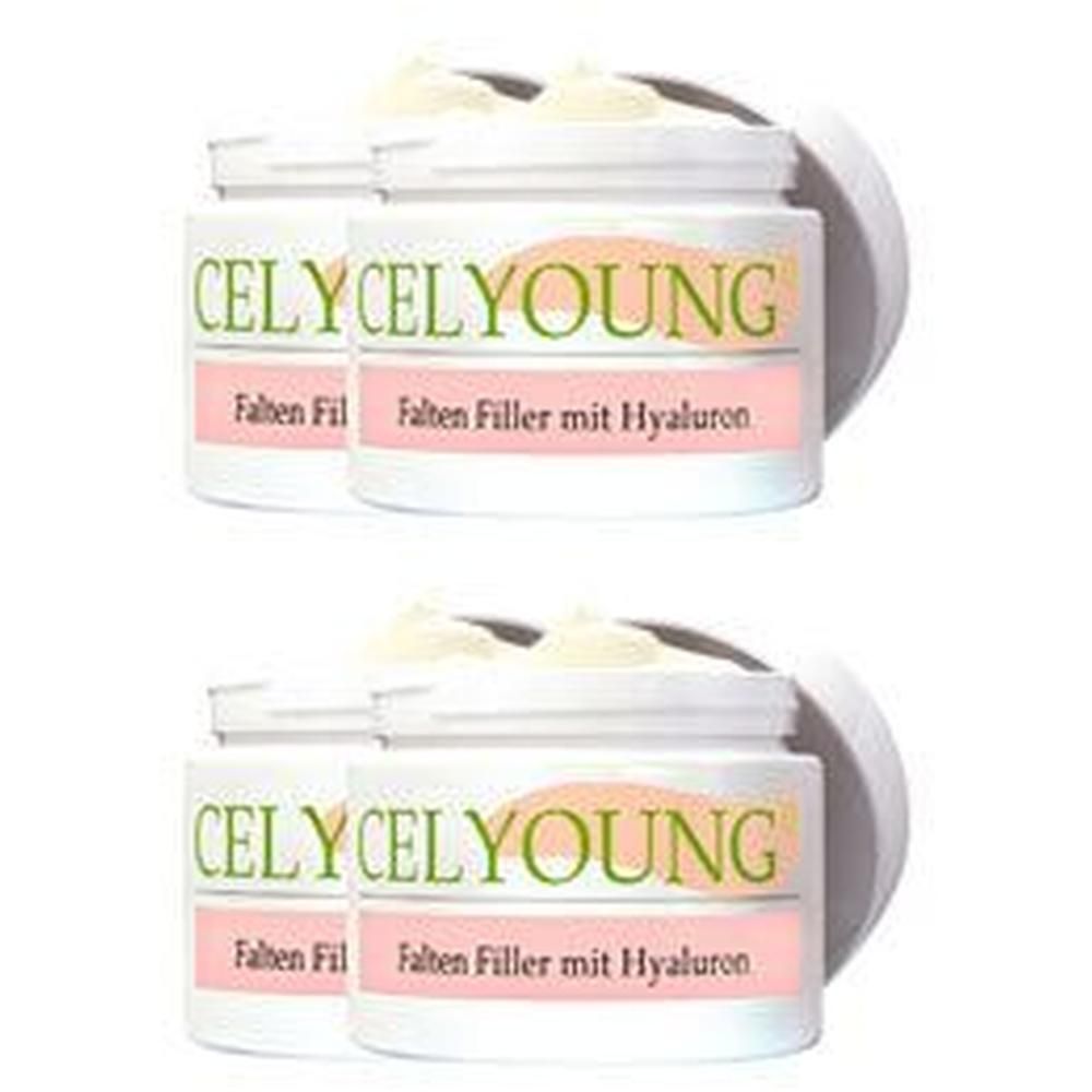 Zwei Tiegel CEL YOUNG Faltenfiller mit Hyaluron, weiß mit rosa und gelber Banderole.