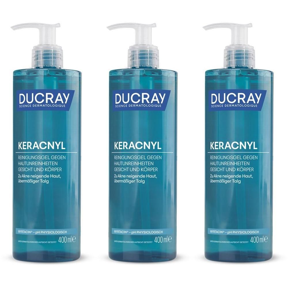 Drei Flaschen Ducray Keracnyl Waschgel mit Pumpspendern, 400ml.
