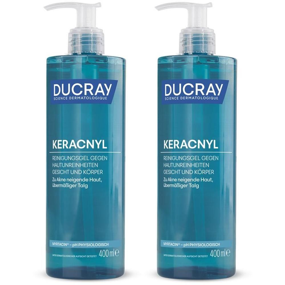 Zwei Flaschen Ducray Keracnyl Reinigungsgel mit Pumpspendern, 400ml.