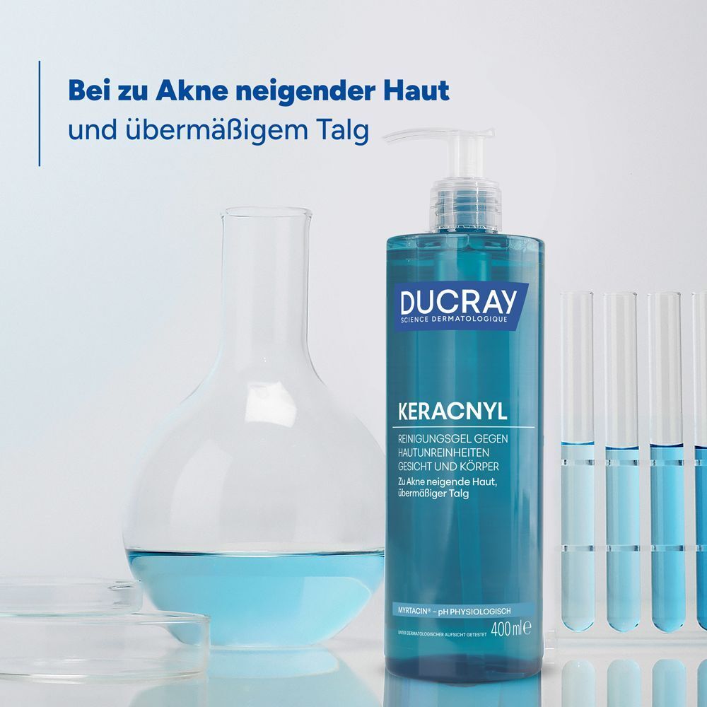 Ducray Keracnyl Reinigungsgel neben Laborgeräten.