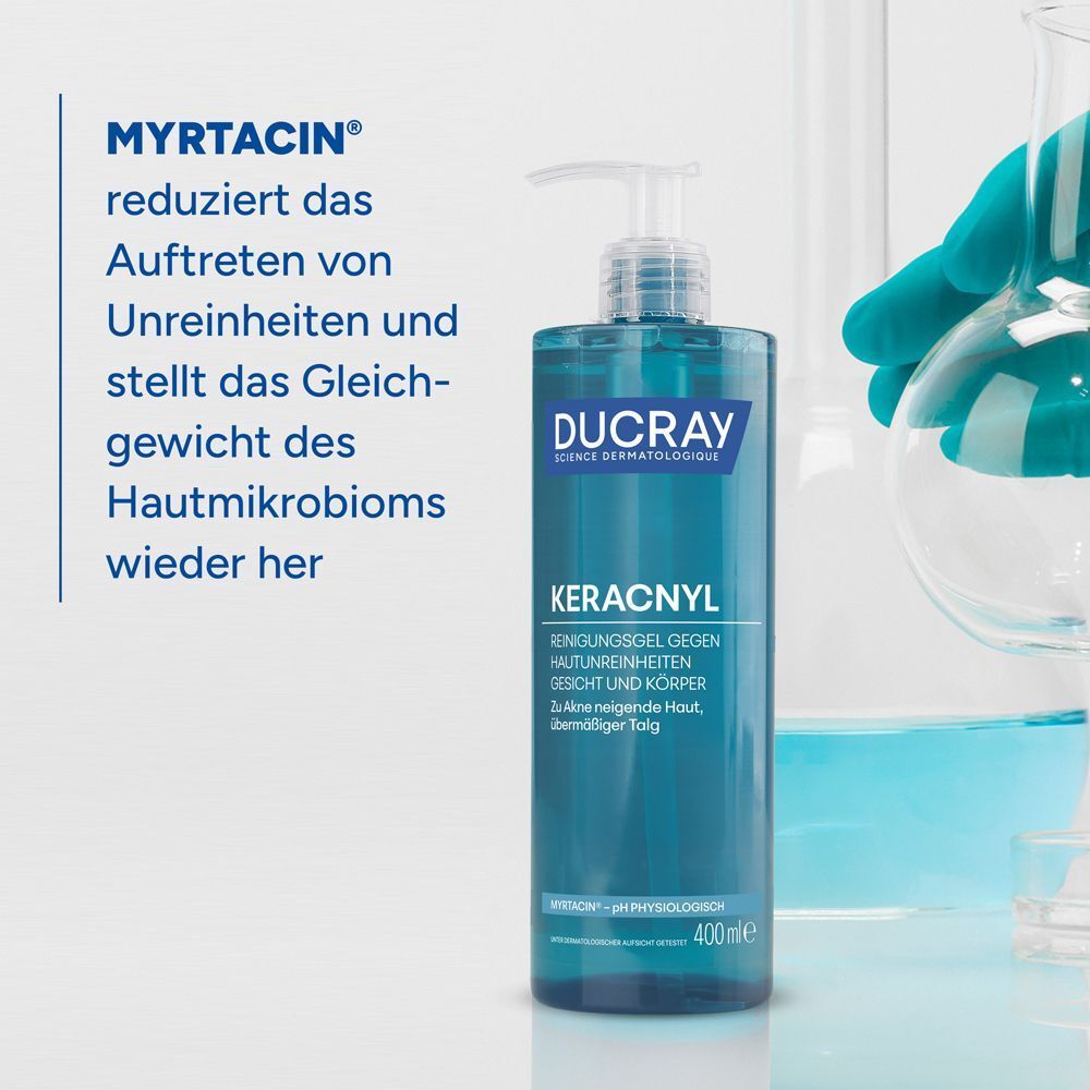 Ducray Keracnyl Reinigungsgel in einem Laborumfeld.
