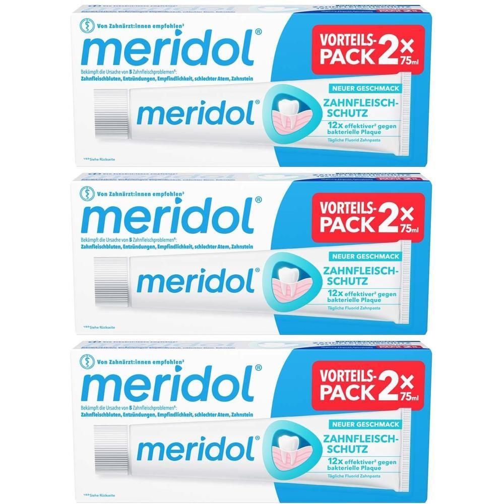 Drei Packungen meridol Zahnfleischschutz Zahnpasta im Doppelpack.