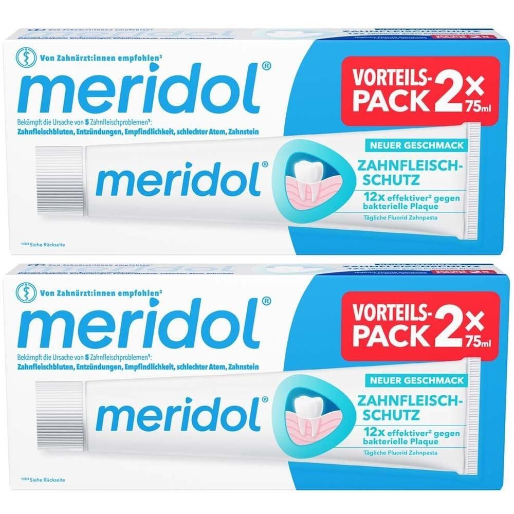 Zwei Packungen Meridol Zahnfleischschutz Zahnpasta, je 75ml, im Vorteilspack.