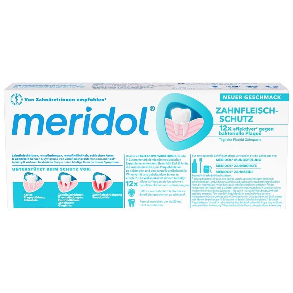 Meridol Zahnfleischschutz Zahnpasta Packung mit Informationen zur 12x effektiven Plaque-Reduktion.