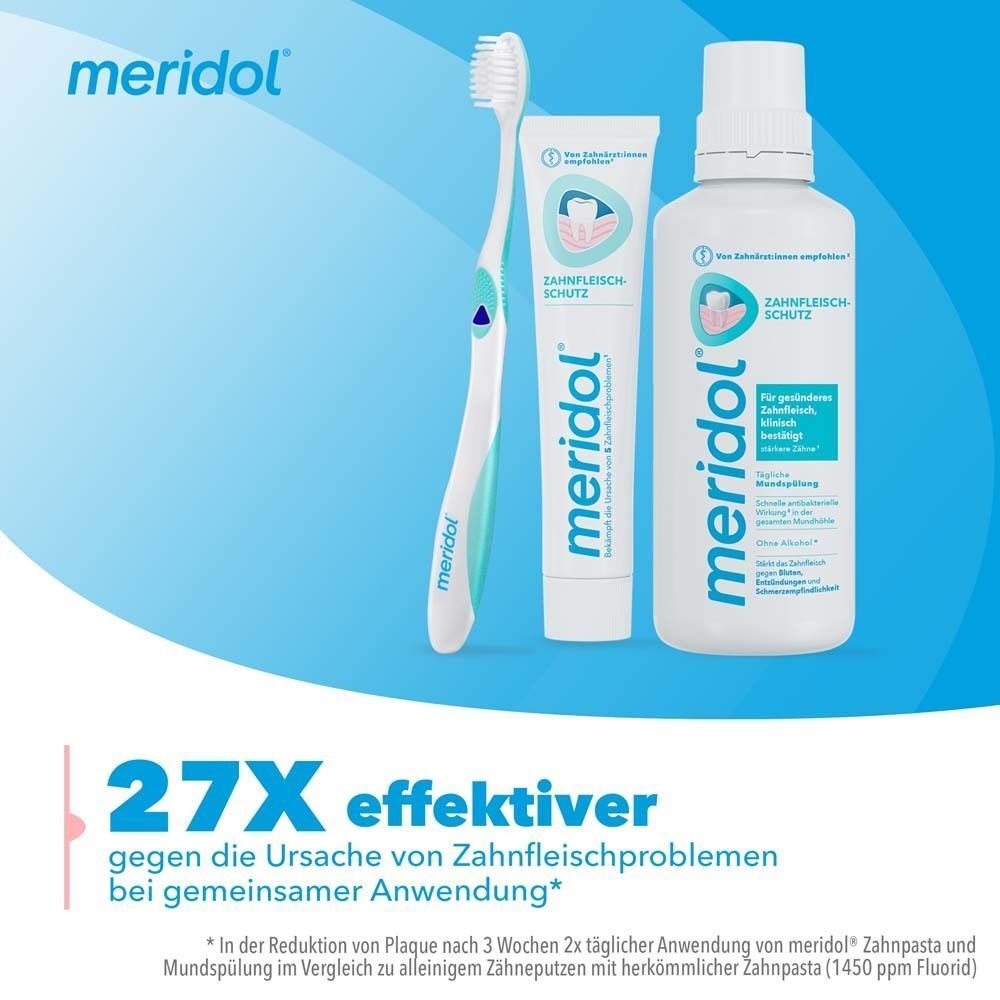 Meridol Zahnbürste, Zahnpasta und Mundspülung für 27x effektivere Plaque-Reduktion.