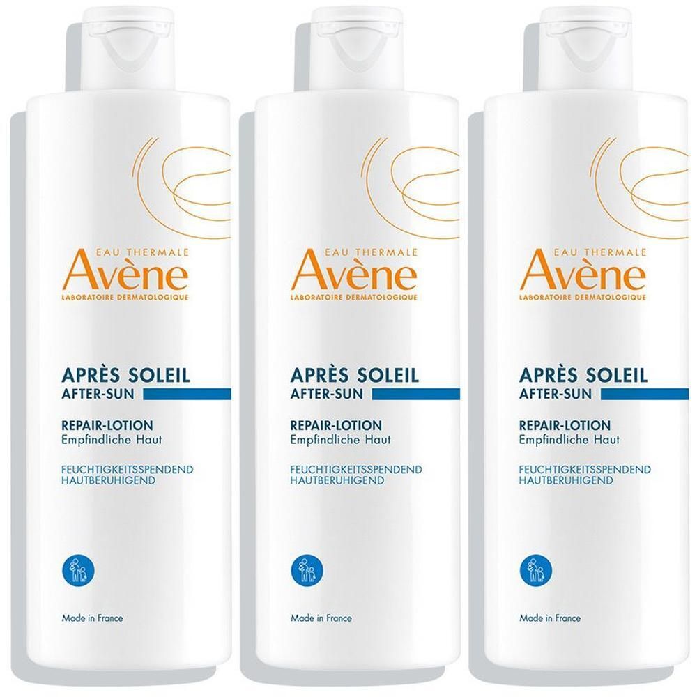 Drei weiße Flaschen Avène After Sun Repair Lotion mit Klappdeckel, weiße und orangefarbene Beschriftung.