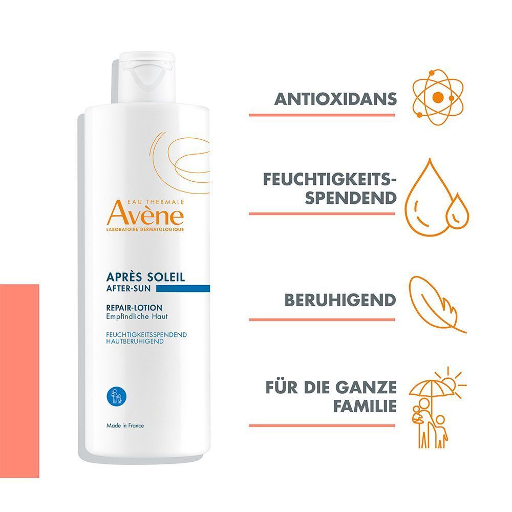 Avène After Sun Repair Lotion Flasche mit Icons für Antioxidans, Feuchtigkeitsspendend, Beruhigend und Für die ganze Familie.