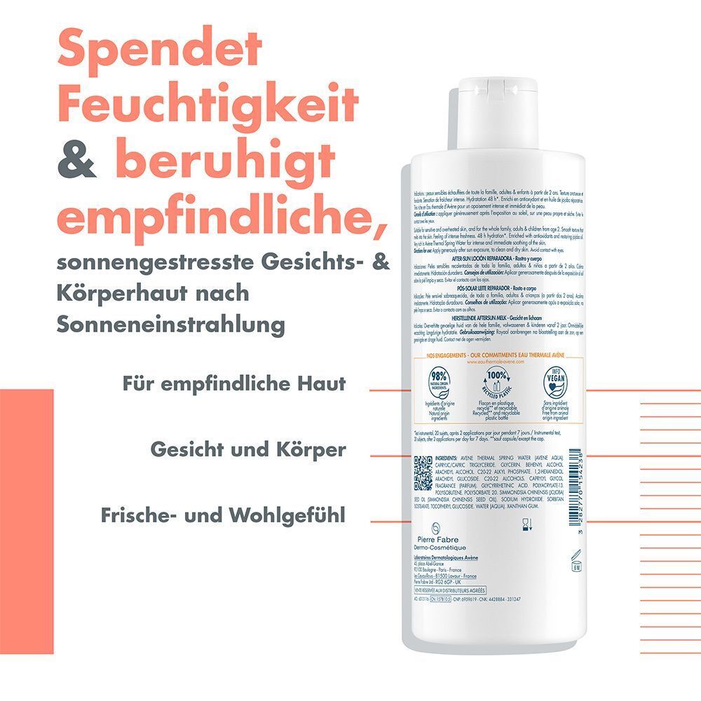 Rückseite einer Flasche Avène After Sun Repair Lotion mit detaillierter Produktinformation und Inhaltsstoffen.