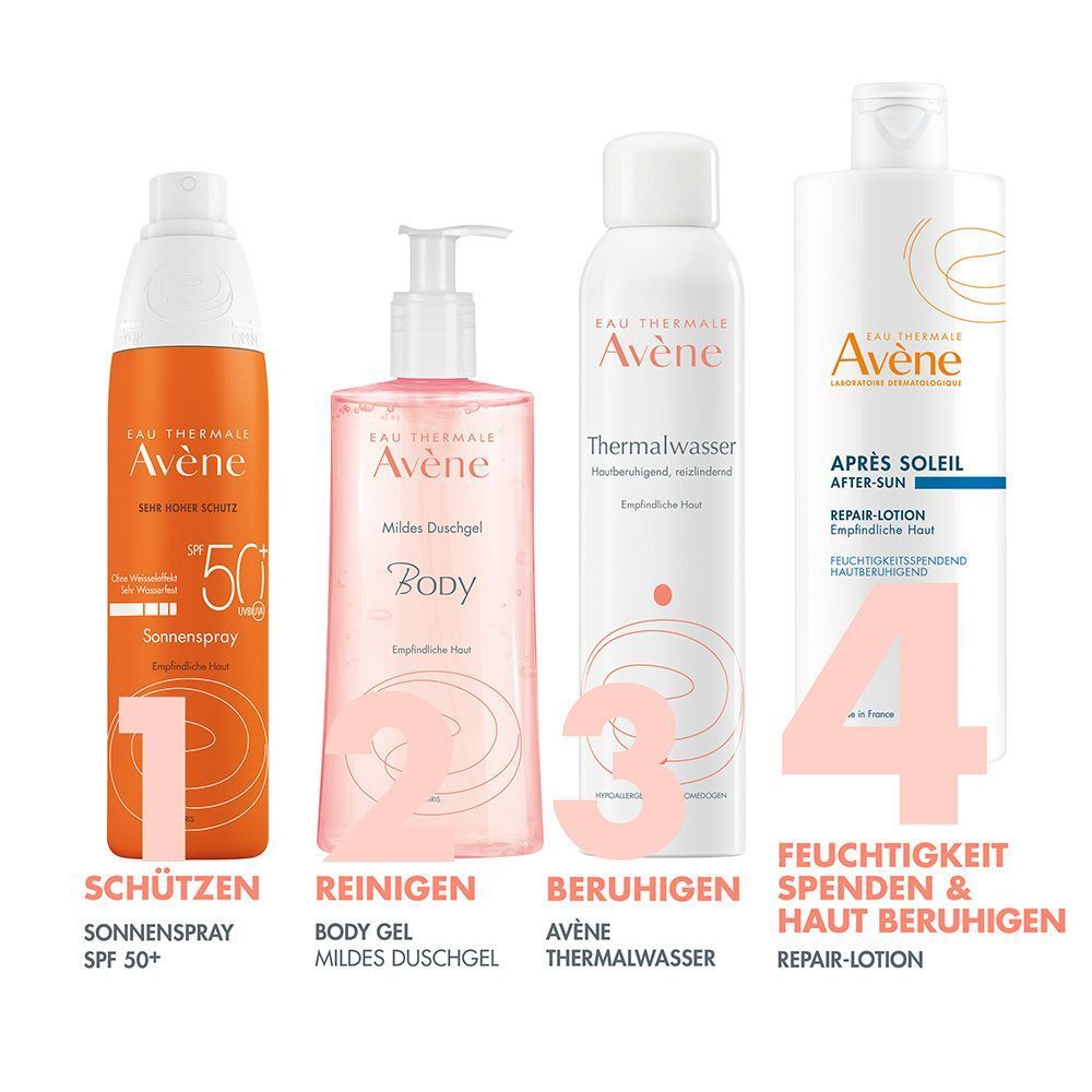 Vier Avène Produkte: Sonnenspray, Body Gel, Thermalwasser, After Sun Repair Lotion. Beschriftung auf Deutsch.