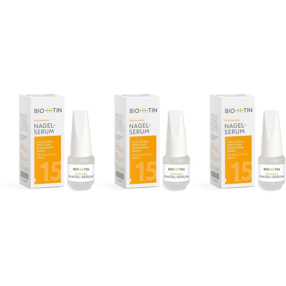 Drei Flaschen BIO-H-TIN® Nagelserum mit Schachteln, jeweils mit der Zahl 15.