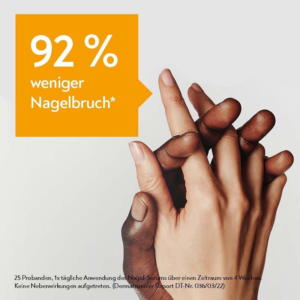 Zwei Hände, die sich halten. Orangefarbener Kasten mit Text: 92 % weniger Nagelbruch*.
