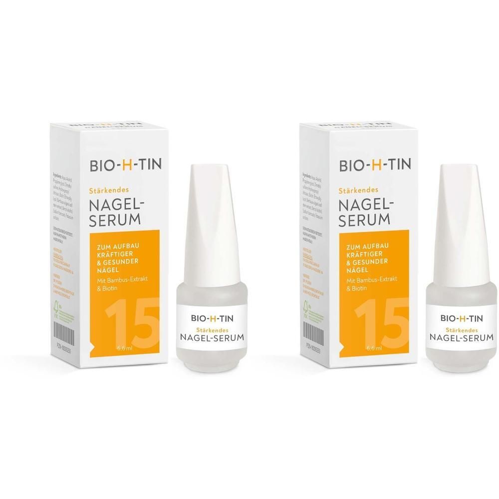 Zwei Flaschen BIO-H-TIN® Nagelserum mit Faltschachteln. Klare Flüssigkeit in Glasflaschen mit weißem Applikator.