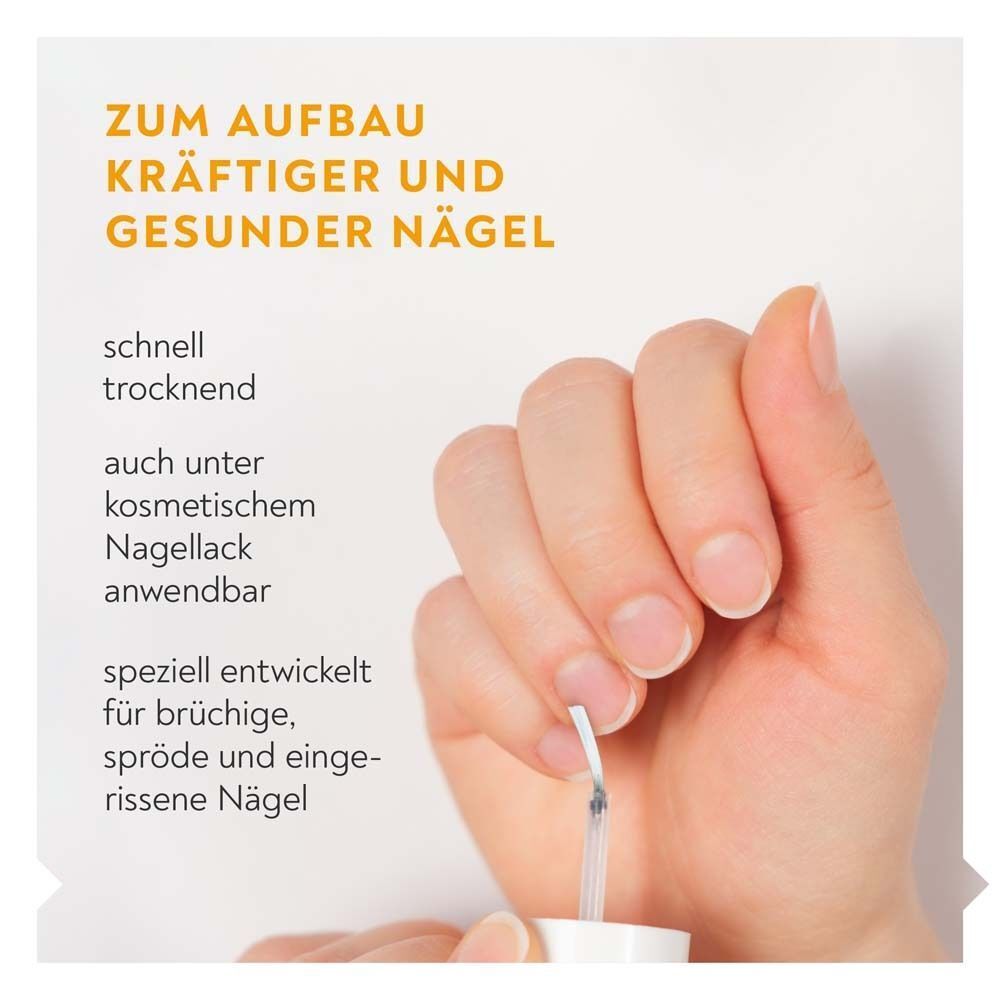 Hand mit Pinselapplikator, der BIO-H-TIN® Nagelserum auf ein Nagelbett aufträgt. Text: 'Zum Aufbau kräftiger und gesunder Nägel'.