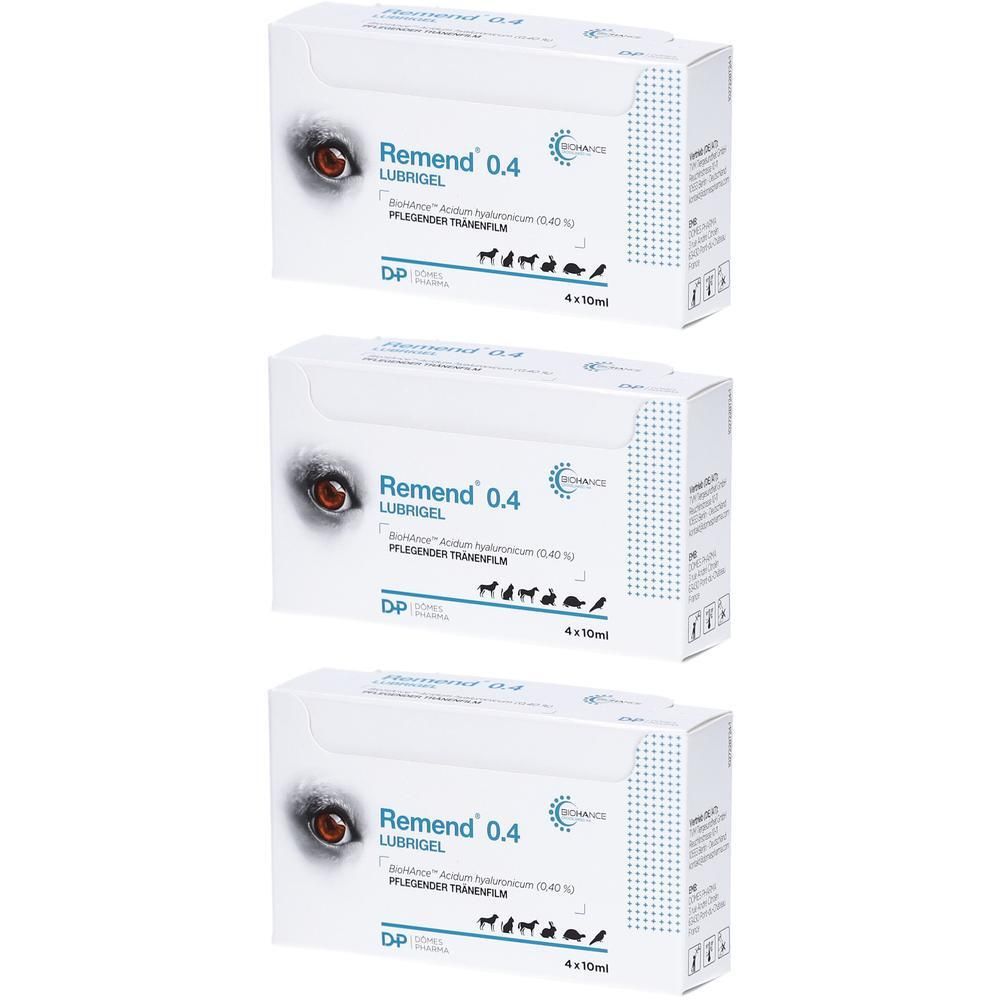 Drei Packungen Remend 0.4 LUBRIGEL, pflegender Tränenfilm, 4x10ml.
