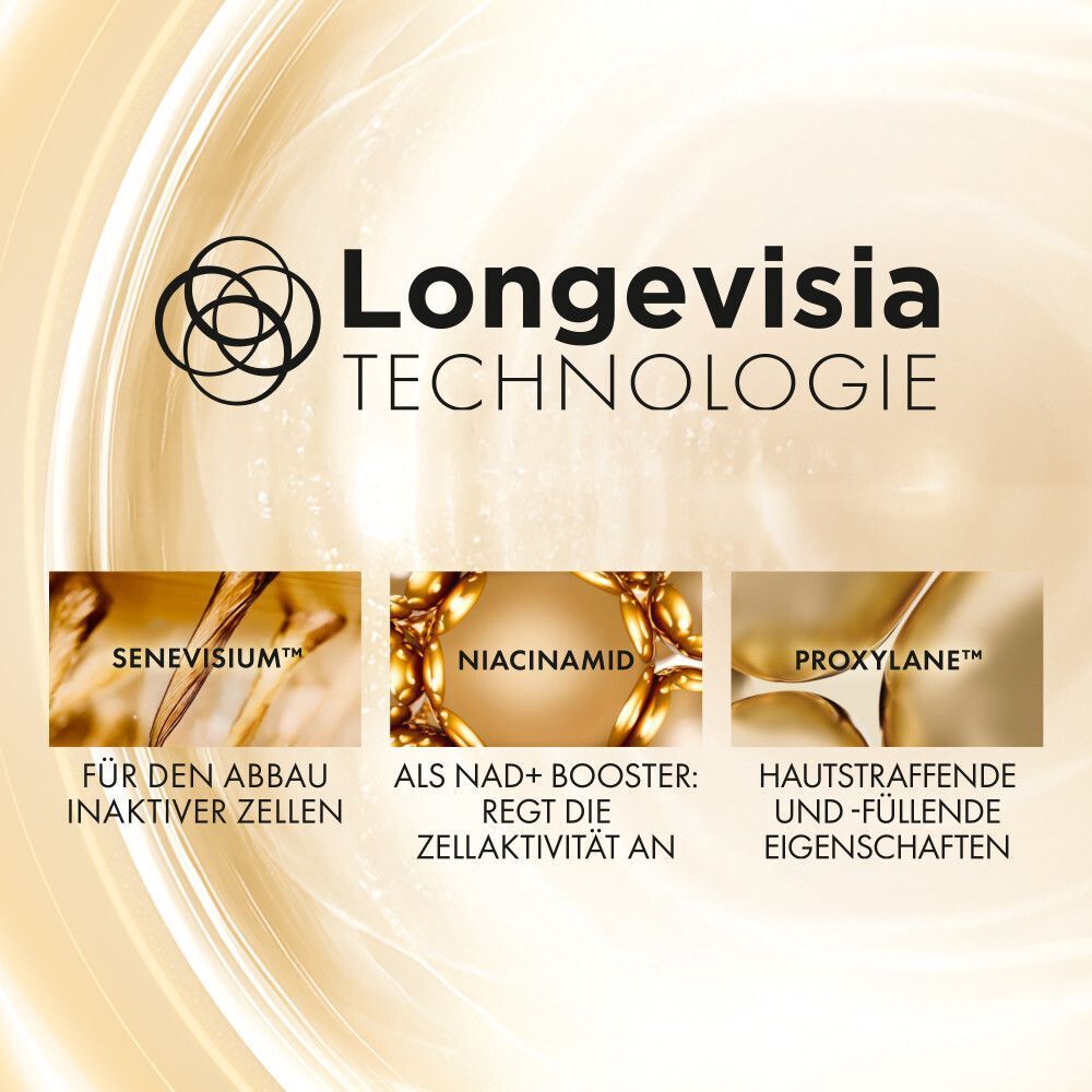 Drei Inhaltsstoffe von Vichy Neovadiol Longevity Creme: Senesivium, Niacinamid, Proxylane.